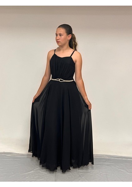 Kız Çocuk Abiye Askılı Siyah Şifon Drape ve Taş Detaylı Abiye Elbise 10-15 Yaş