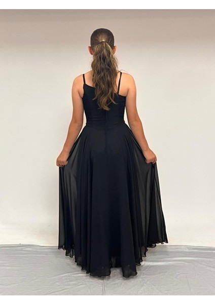 Kız Çocuk Abiye Askılı Siyah Şifon Drape ve Taş Detaylı Abiye Elbise 10-15 Yaş