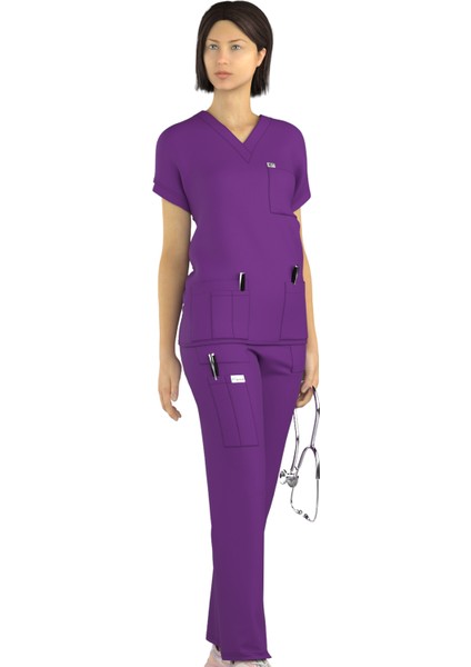 Doktor Hemşire Scrubs Mor Forma Takım