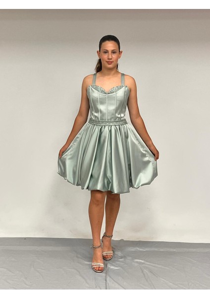 Kız Çocuk Askılı Mini Çağlayeşili Pileli Payet Detaylı Kısa Balon Etek Abiye Elbise 10-15 Yaş