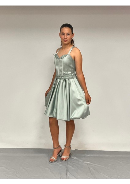 Kız Çocuk Askılı Mini Çağlayeşili Pileli Payet Detaylı Kısa Balon Etek Abiye Elbise 10-15 Yaş fiyatları