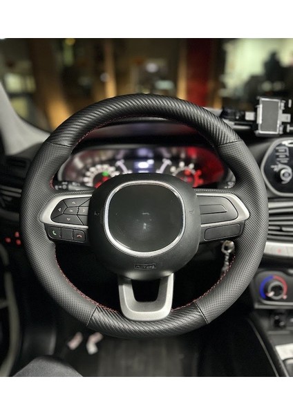 Fiat Egea Uyumlu Araca Özel Direksiyon Kılıfı (Nokta Karbon Kırmızı Dikiş)