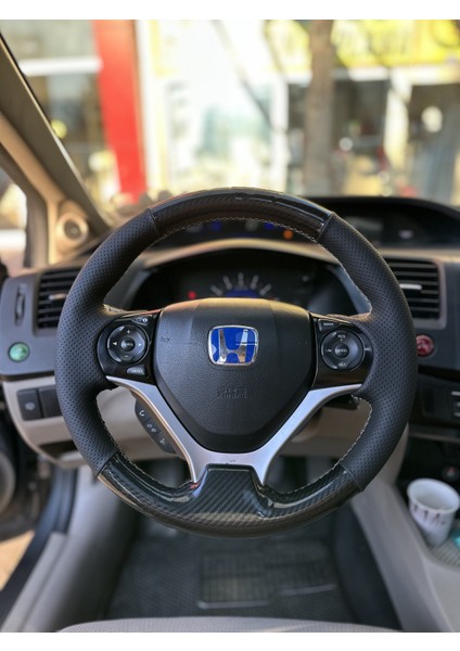 Honda Civic Fb7 Araca Özel Dikmeli Direksiyon Kılıfı (Kristal Karbon Soft Nokta Krem Ip) fırsatları