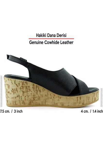 Serie Siyah Hakiki Dana Derisi Delik Detaylı Mantar Taban Görünümlü Dolgu Topuklu Slingback Sandalet
