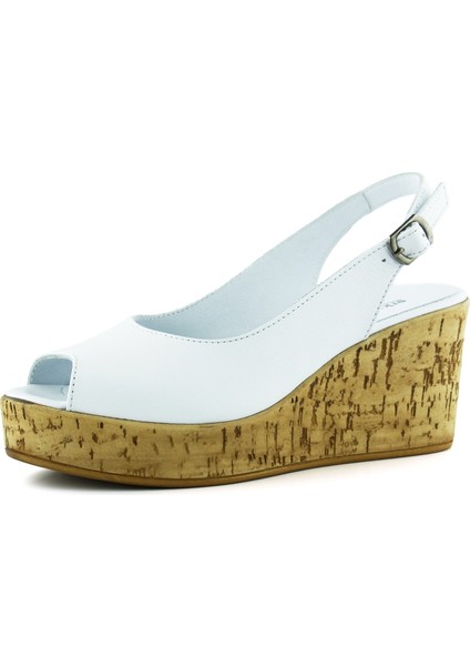 Heather Beyaz Hakiki Dana Derisi Mantar Taban Görünümlü Dolgu Topuklu Slingback Sandalet