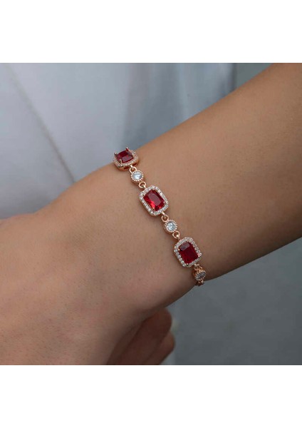 925 Ayar Gümüş Rose Baget Kırmızı Taşlı Kadın Bileklik