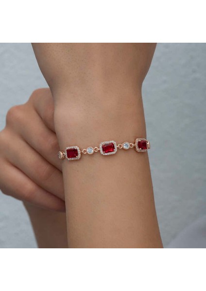 925 Ayar Gümüş Rose Baget Kırmızı Taşlı Kadın Bileklik
