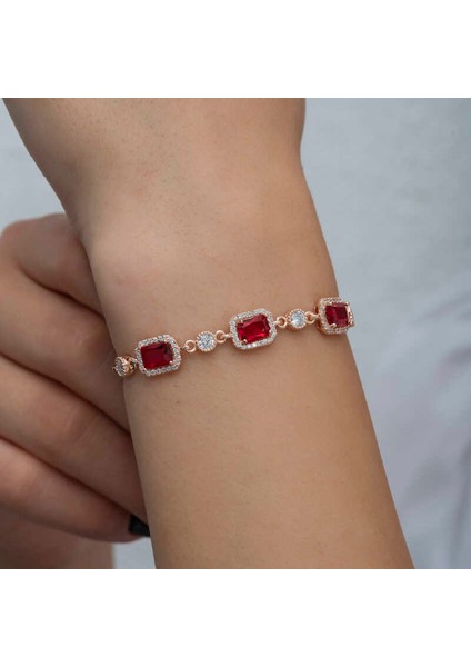 925 Ayar Gümüş Rose Baget Kırmızı Taşlı Kadın Bileklik