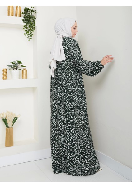 Desenli Önü Büzgülü Viskon Elbise - Haki / E0131