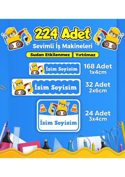 Iş Makineleri Temalı Okul Kreş Kişiye Özel Isim Etiket Seti - Model 263