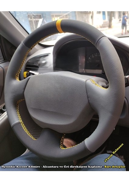 Hyundai Accent Admira Araca Özel Direksiyon Kılıfı Gri Nubuk Sarı Yüzük