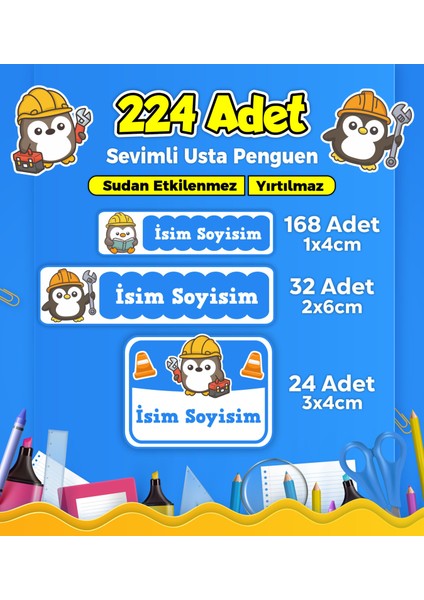 Tamirci Penguen Temalı Okul Kreş Kişiye Özel Isim Etiket Seti - Model 260