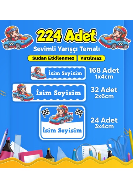 Sevimli Yarışçı Temalı Okul Kreş Kişiye Özel Isim Etiket Seti - Model 267