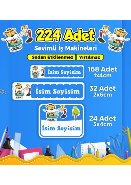 Iş Makineleri Temalı Okul Kreş Kişiye Özel Isim Etiket Seti - Model 261