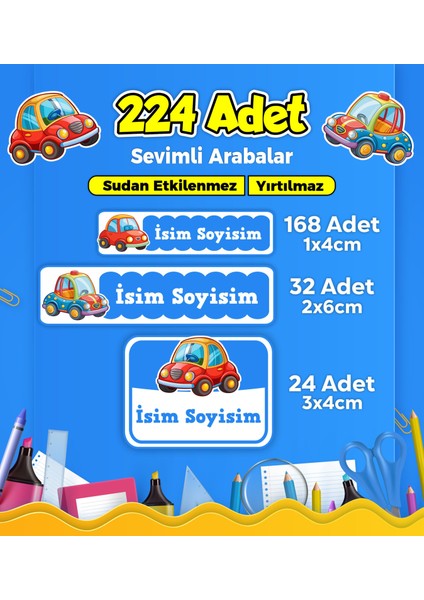 Sevimli Arabalar Temalı Okul Kreş Kişiye Özel Isim Etiket Seti - Model 268