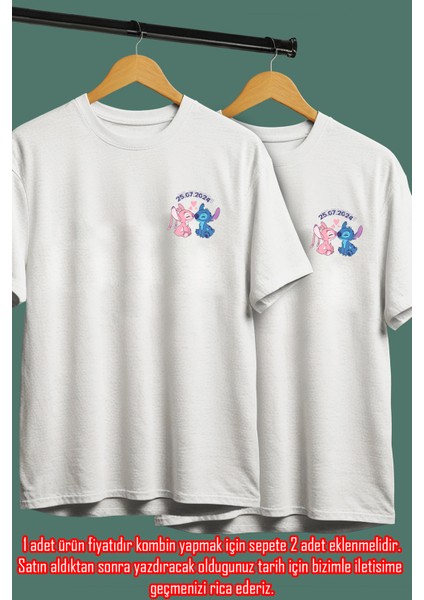 Kişiye Özel Stitch Tarih Baskılı Sevgili Kombini Sevgiliye Hediye Unisex T-Shirt/tişört