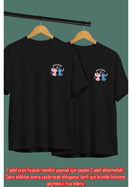 Kişiye Özel Stitch Tarih Baskılı Sevgili Kombini Sevgiliye Hediye Unisex T-Shirt/tişört