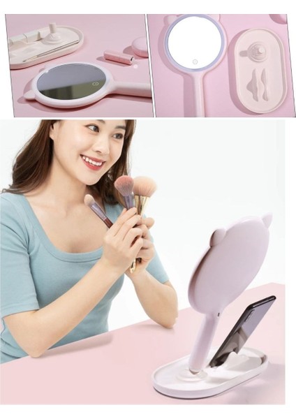 Kedi Kulaklı Telefon Standlı Yuvarlak Dokunmatik LED Ayarlı Masa Üstü Makyaj Aynası fırsatları