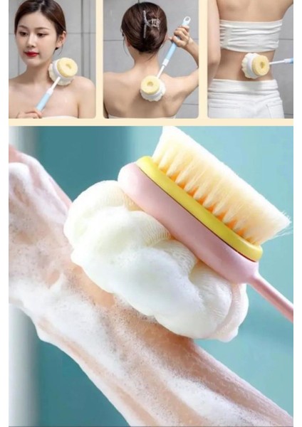 2'si 1 Arada Çift Taraflı Uzun Saplı Fırçalı Banyo Vücut Sırt Fırçası Banyo Lifi