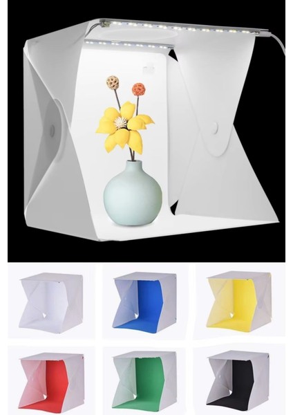 Katlanır Işıklı Fotoğraf Stüdyosu 40X40 cm 6 Renk Fonlu Ürün Çekimi Için Uygun Fotoğraf Çekim Kutusu