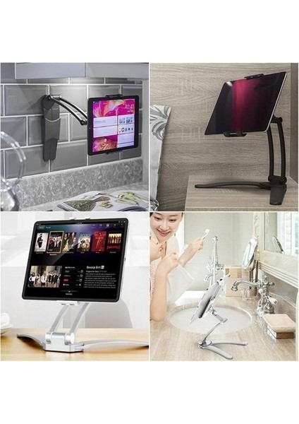 360 Derece Dönebilen Mutfak Masaüstü Telefon Tablet Tutucu Ayarlanabilir Esnek Ayaklı Metal