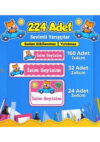 Sevimli Yarışçı Temalı Okul Kreş Kişiye Özel Isim Etiket Seti - Model 270