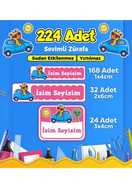 Sevimli Yarışçı Temalı Okul Kreş Kişiye Özel Isim Etiket Seti - Model 276