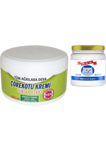 Çörek Otu Kremi Büyük Xlboy 200 ml Green + 50 ml Snow Kitten Krem / Diz Dirsek Iskelet Sırt Bel Kas Agrilarina Masaj Seti