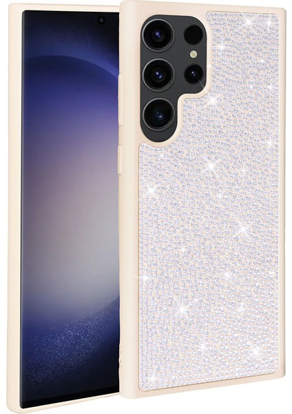 Galaxy S23 Ultra Kılıf Parlak Taşlı Tasarım Fzd Ston Kapak-Beyaz