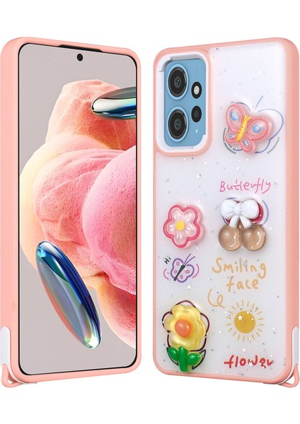 Xiaomi Redmi Note 12 4g Kılıf Parlayan Sıvılı Simli Kabartma Figürlü Fzd Cevze Kapak-Pembe