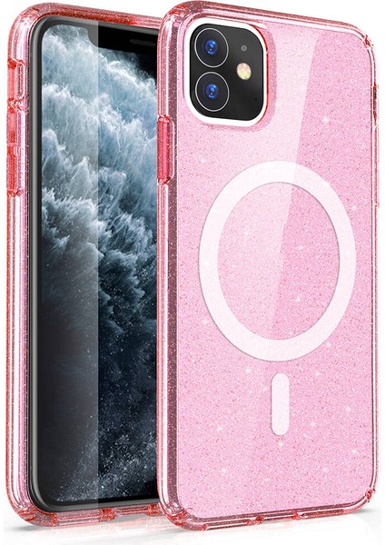 Apple iPhone 11 Kılıf Magsafe Şarj Özellikli Parlayan Simli Saydam Renkli Fzd Allstar Kapak-Pembe