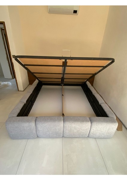 Most Oktagon Bazalı Karyola 22 Gri Bukle Kumaş Işbir Kuştüyü Sünger 160 x 200 Yatak Için(Kurulum Dahil)