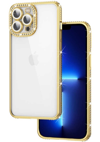 iPhone 12 Pro Kılıf Kamera Korumalı Taşlı Btbm Mina Kapak-Gold