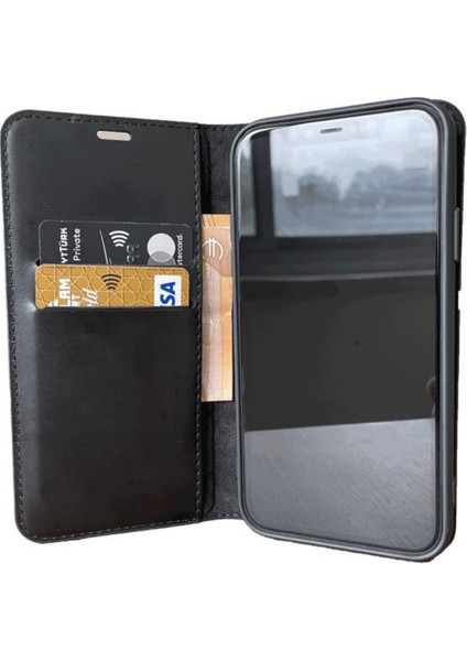 Siyah iPhone 16 Pro Max Kaliteli Suni Deri Cüzdan Kılıf Kapaklı Mıknatıslı Kartlık Bölmeli Cüzdanlı Stand Özellikli