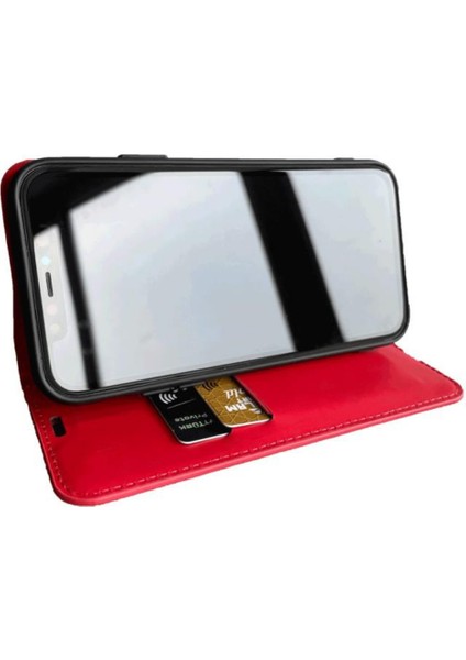 Kırmızı Samsung Galaxy A05 Kaliteli Suni Deri Cüzdan Kılıf Kapaklı Mıknatıslı Kartlık Bölmeli Cüzdanlı Stand Özellikli