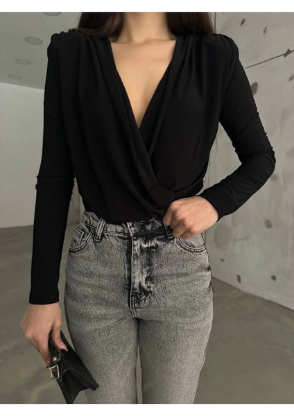 Siyah Kruvaze Yaka Vatkalı Bodysuit