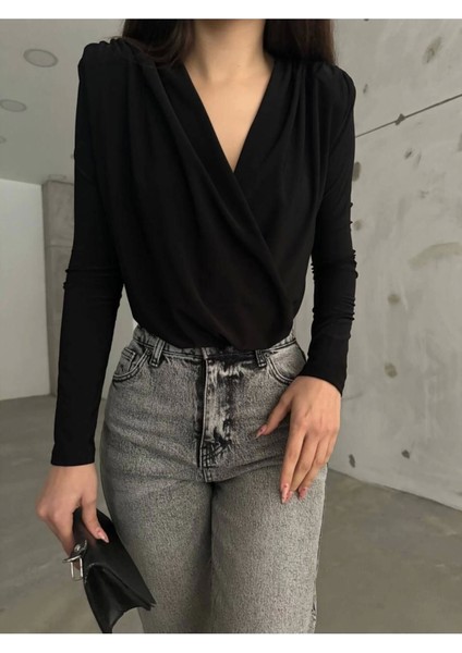 Siyah Kruvaze Yaka Vatkalı Bodysuit