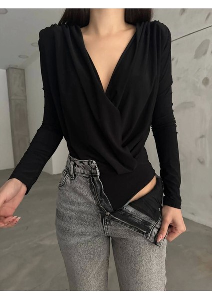 Siyah Kruvaze Yaka Vatkalı Bodysuit