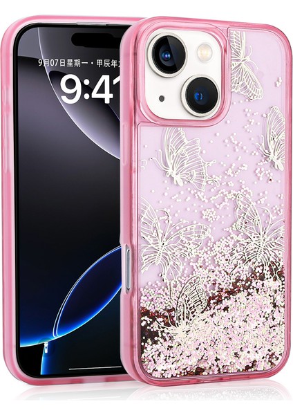 iPhone 15 Uyumlu Kılıf Sıvılı Simli Kelebek Baskılı Şeffaf Arka Yüzey Klfs Glis Silikon Kapak-Pembe