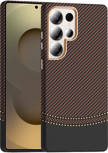 Galaxy S25 Ultra Kılıf M-Safe Şarj Özellikli Karbon Fiber Görünümlü Klfs Gros Kapak - Gold-Siyah