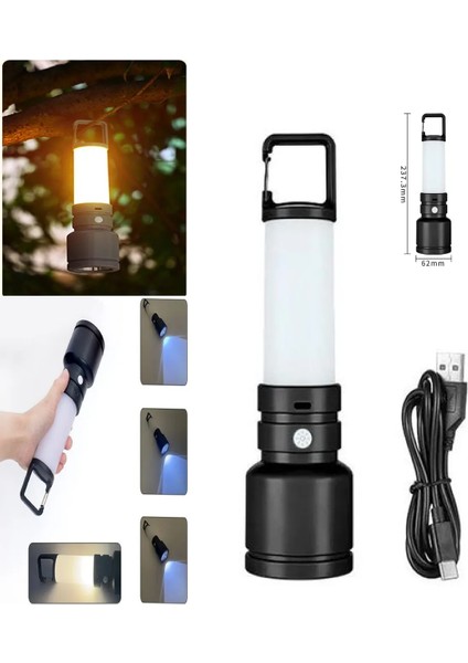 Şarjlı Hem El Feneri Hem Kamp Lambası Olabilen 500 Lümen 3W+SMD LED Anahtarlıklı Kamp Lambası