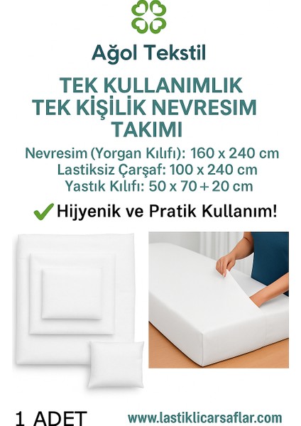 Tek Kullanımlık Nevresim Takımı Tek Kişilik (Lastiksiz Çarşaf + Yorgan Kılıfı + Yastık Kılıfı) – 1 Set