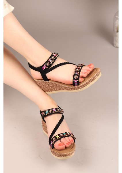 Fanel Örgü Biyeli Dolgu Topuklu Ayakkabı Siyah modelleri