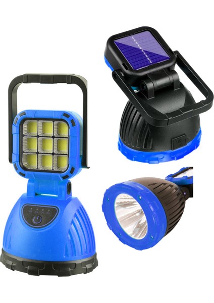 Güneş Enerjili ve Şarjlı 9 Cob Ledli 6 Modlu El Feneri-Powerbank Özellikli Işıldak Kamp Lambası