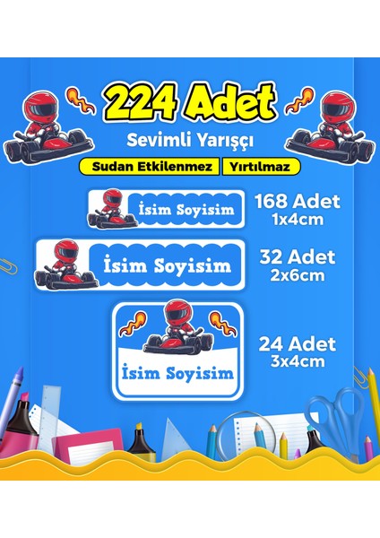 Sevimli Yarışçı Temalı Okul Kreş Kişiye Özel Isim Etiket Seti - Model 281