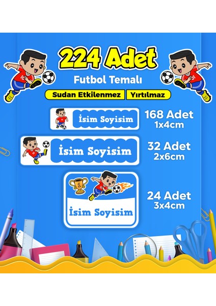 Futbol Temalı Okul Kreş Kişiye Özel Isim Etiket Seti - Model 289
