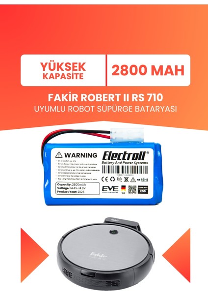 Fakir Robert Iı Rs 710 Uyumlu Batarya (Yüksek Kapasite) 2800mah Pil Robot Süpürge Bataryası