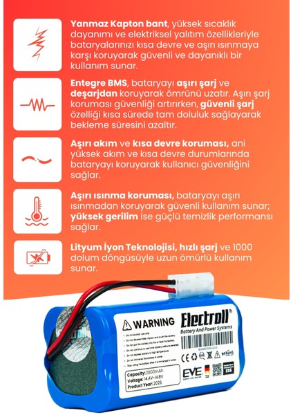 Fakir Robert Iı Rs 710 Uyumlu Batarya (Yüksek Kapasite) 2800mah Pil Robot Süpürge Bataryası modelleri