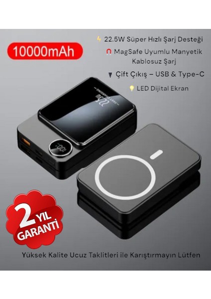 10000 Mah Magsafe Uyumlu Powerbank | 22.5W Hızlı Şarj | Dijital Göstergeli | Type-C & USB Çıkışlı