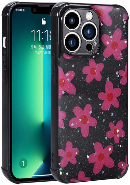 iPhone 12 Pro Uyumlu Simli Desenli Kamera Korumalı Parlak Btbm Popy Kapak-Çiçek